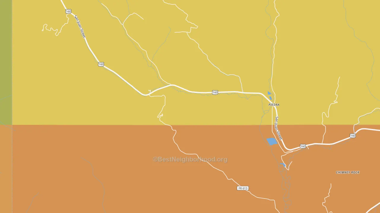 Map of the best neighborhoods in the Piedra area, with better matches in green and worse matches in red
