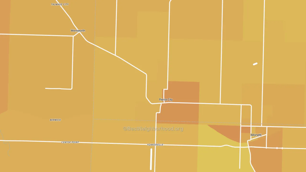 Map of the best neighborhoods in the Pierce City area, with better matches in green and worse matches in red