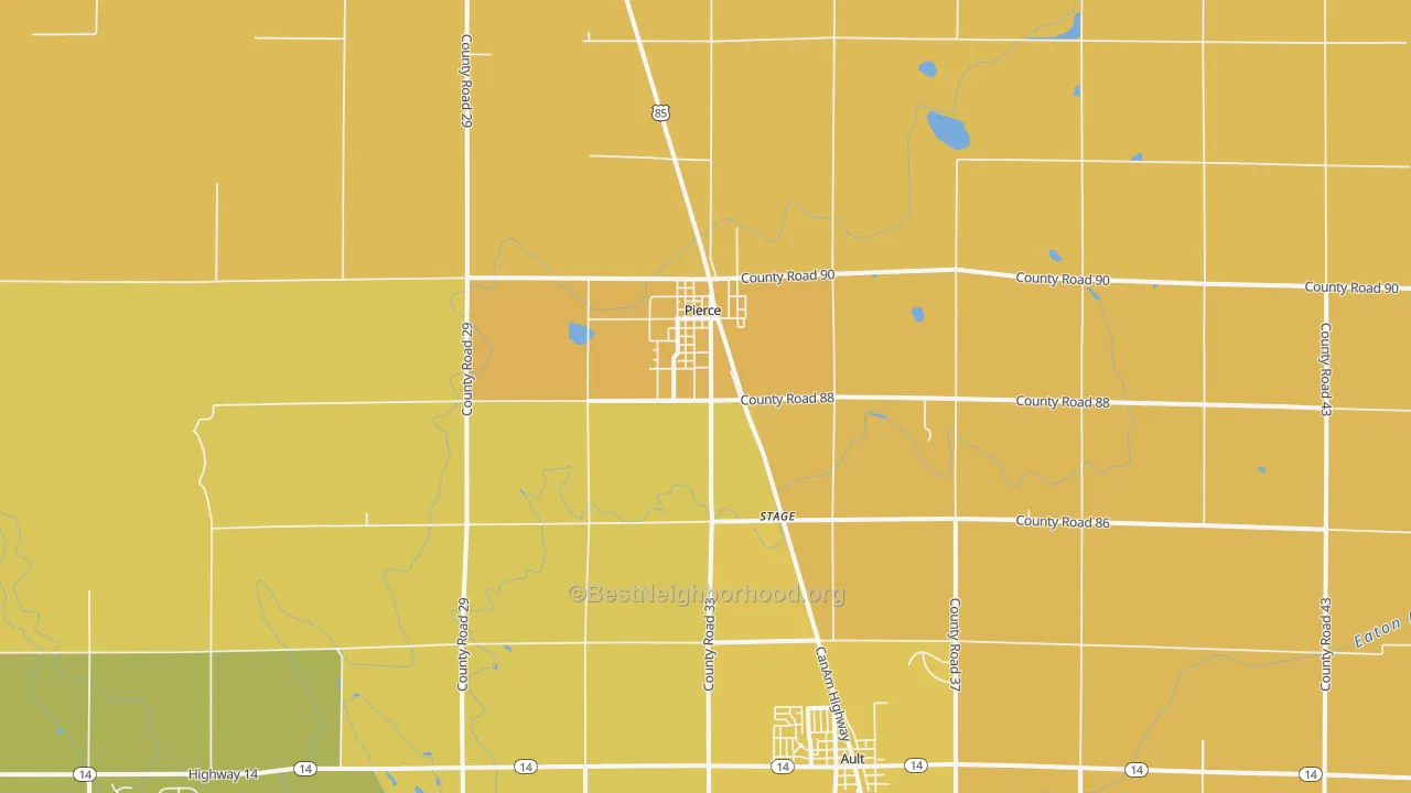 Map of the best neighborhoods in the Pierce area, with better matches in green and worse matches in red