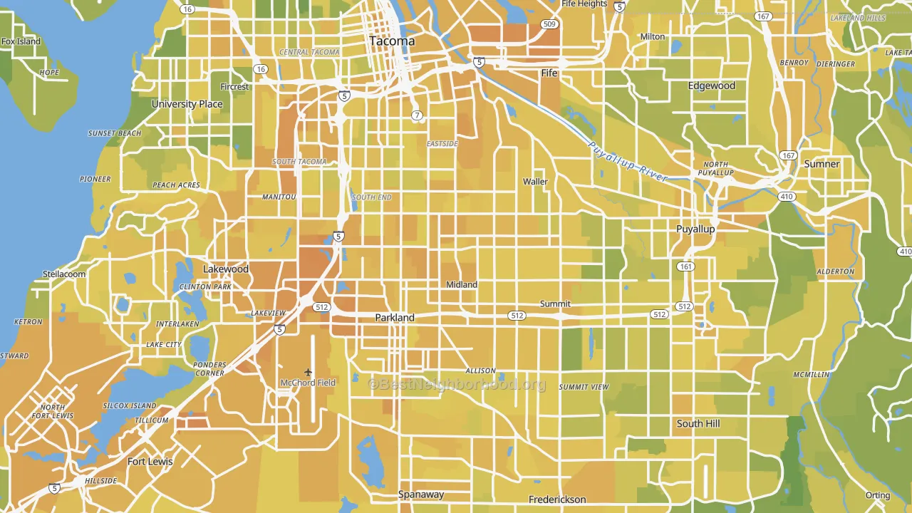Map of the best neighborhoods in the Pierce County area, with better matches in green and worse matches in red