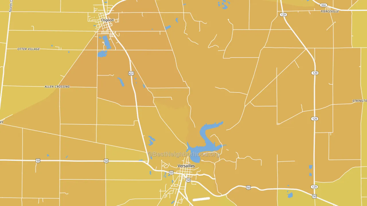 Map of the best neighborhoods in the Pierceville area, with better matches in green and worse matches in red