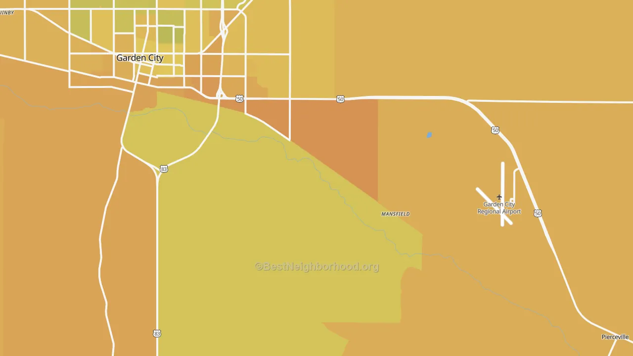 Map of the best neighborhoods in the Pierceville area, with better matches in green and worse matches in red