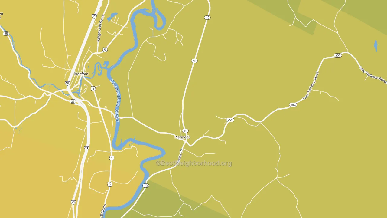 Map of the best neighborhoods in the Piermont area, with better matches in green and worse matches in red