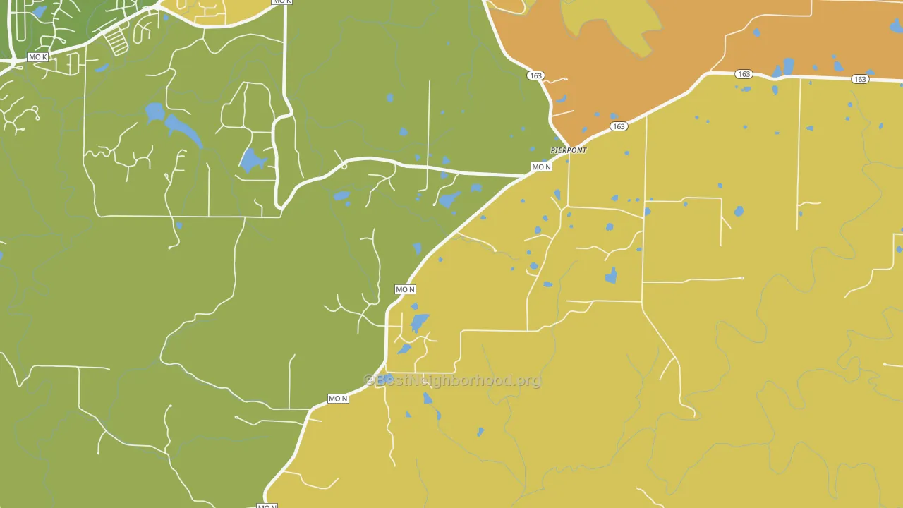 Map of the best neighborhoods in the Pierpont area, with better matches in green and worse matches in red