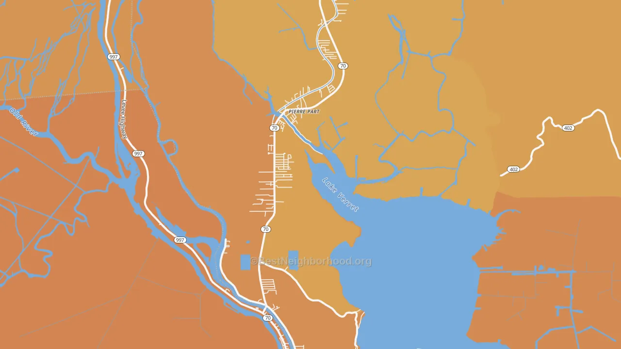 Map of the best neighborhoods in the Pierre Part area, with better matches in green and worse matches in red