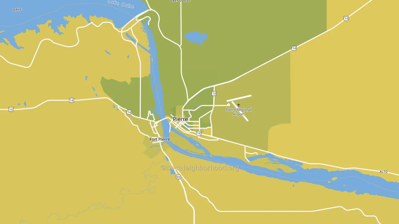 Map of the best neighborhoods in the Pierre area, with better matches in green and worse matches in red