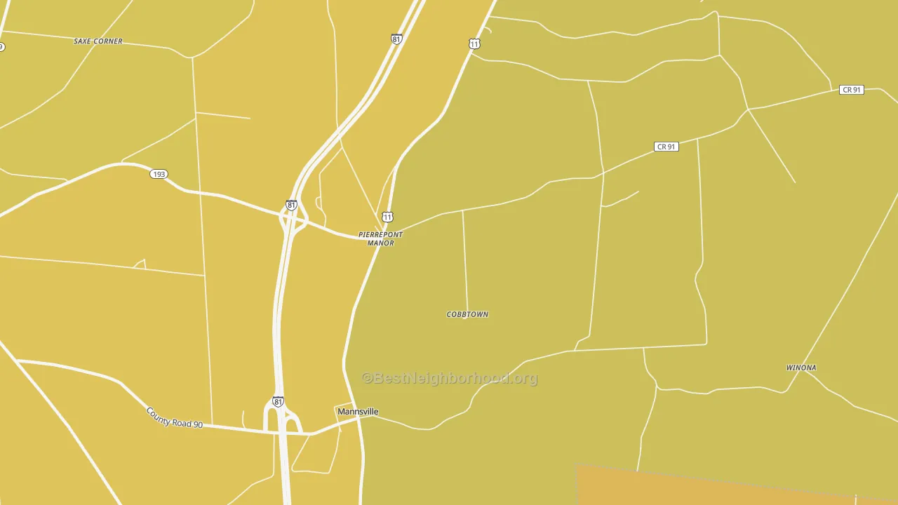 Map of the best neighborhoods in the Pierrepont Manor area, with better matches in green and worse matches in red
