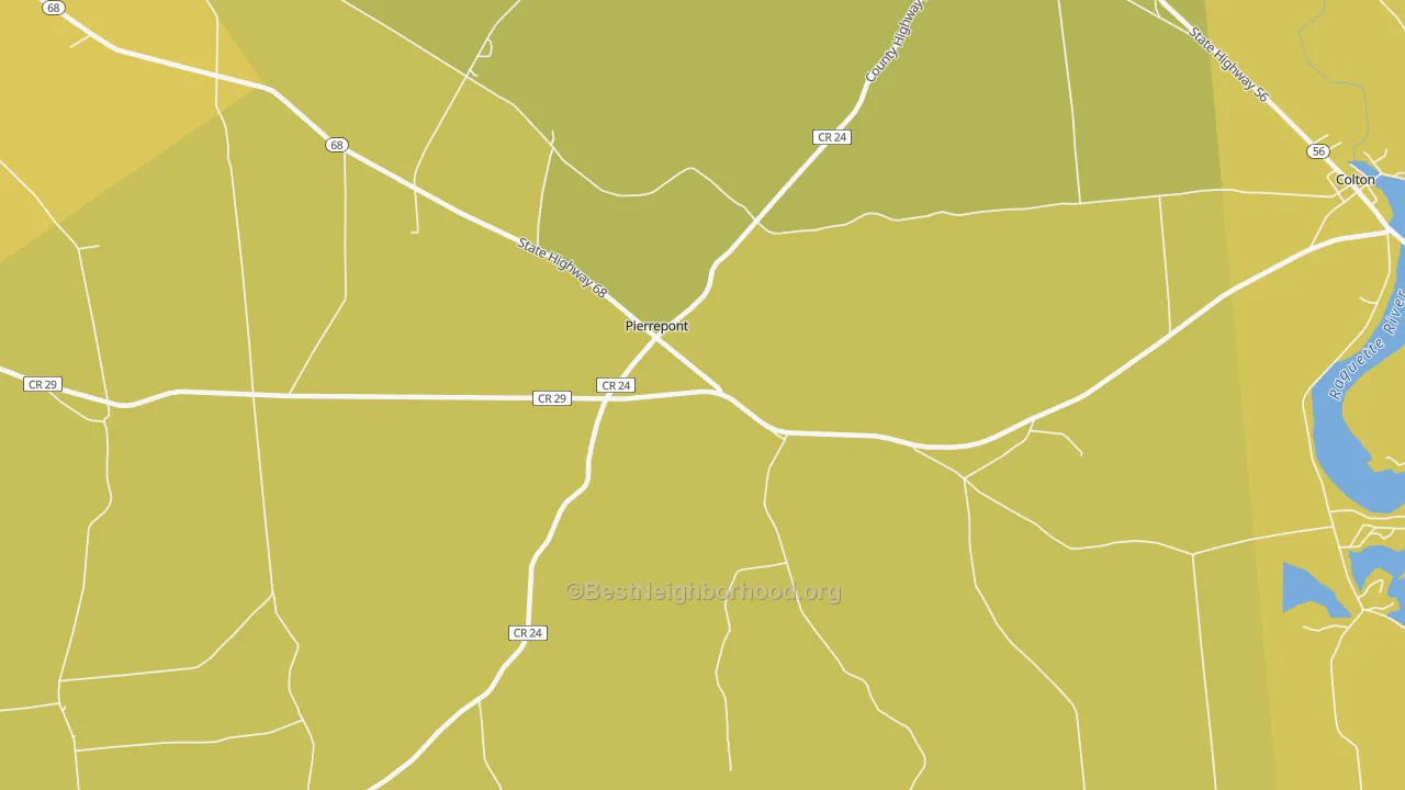 Map of the best neighborhoods in the Pierrepont area, with better matches in green and worse matches in red
