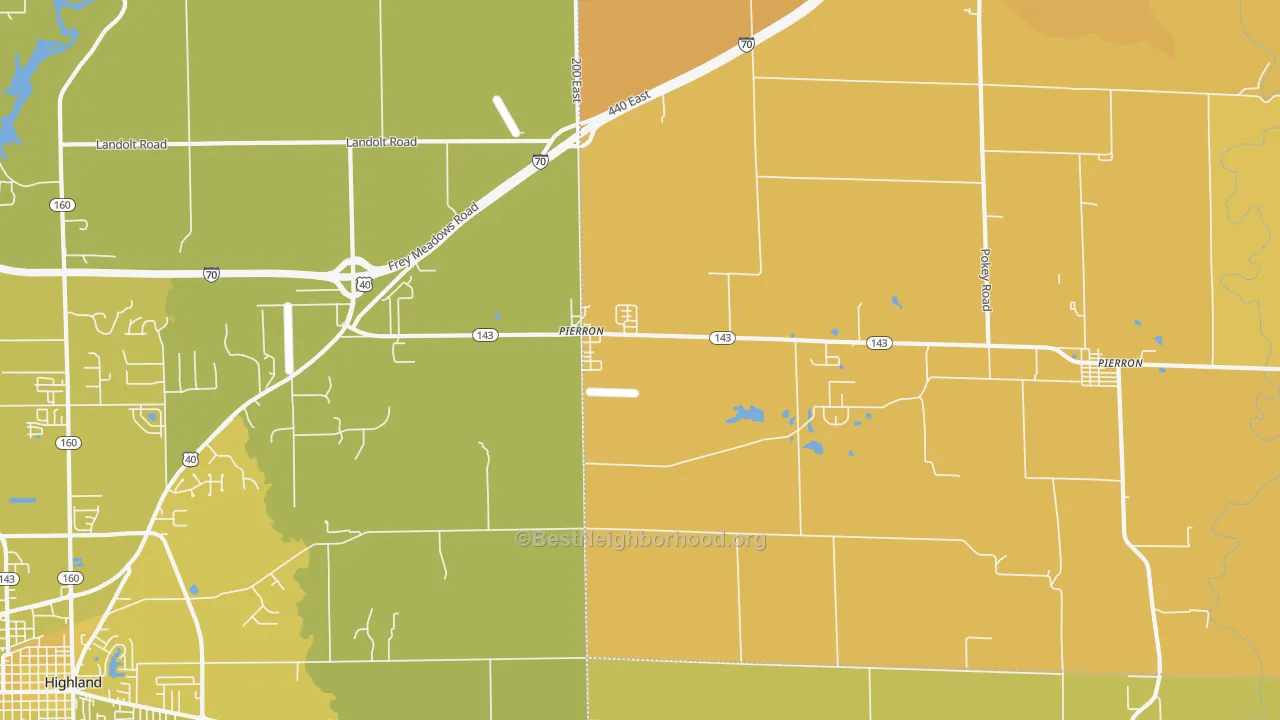 Map of the best neighborhoods in the Pierron area, with better matches in green and worse matches in red