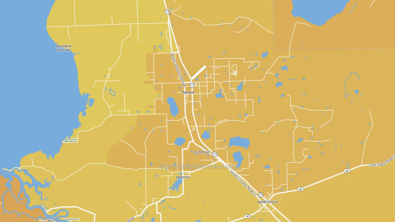 Map of the best neighborhoods in the Pierson area, with better matches in green and worse matches in red