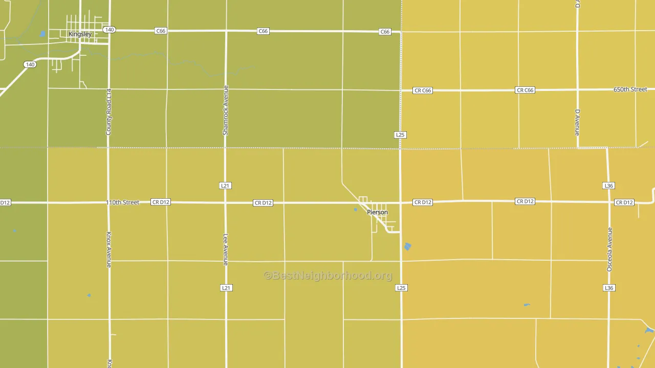 Map of the best neighborhoods in the Pierson area, with better matches in green and worse matches in red