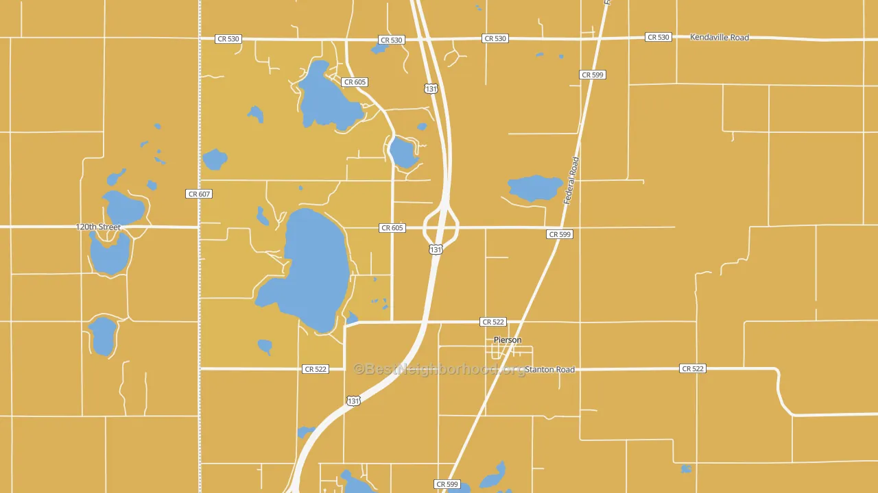 Map of the best neighborhoods in the Pierson area, with better matches in green and worse matches in red