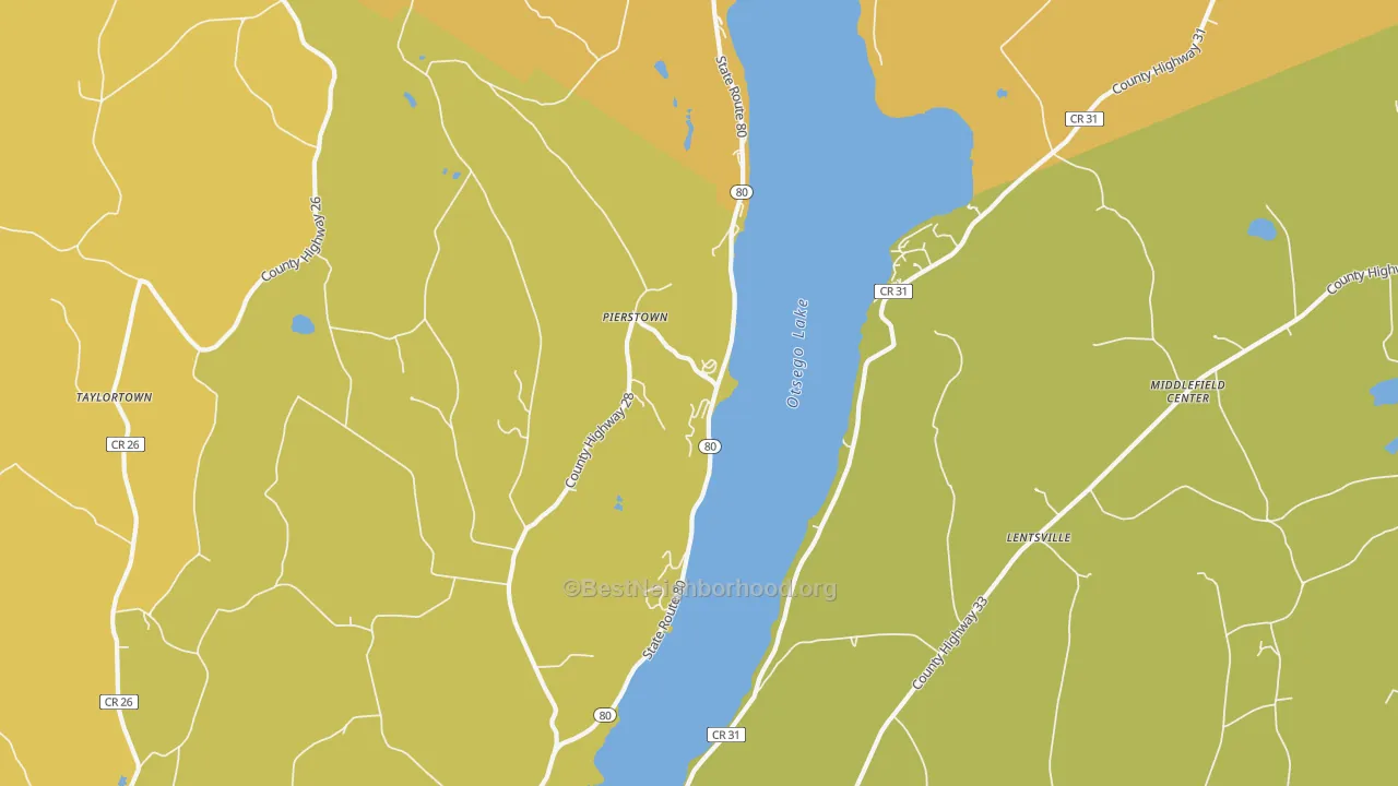 Map of the best neighborhoods in the Pierstown area, with better matches in green and worse matches in red