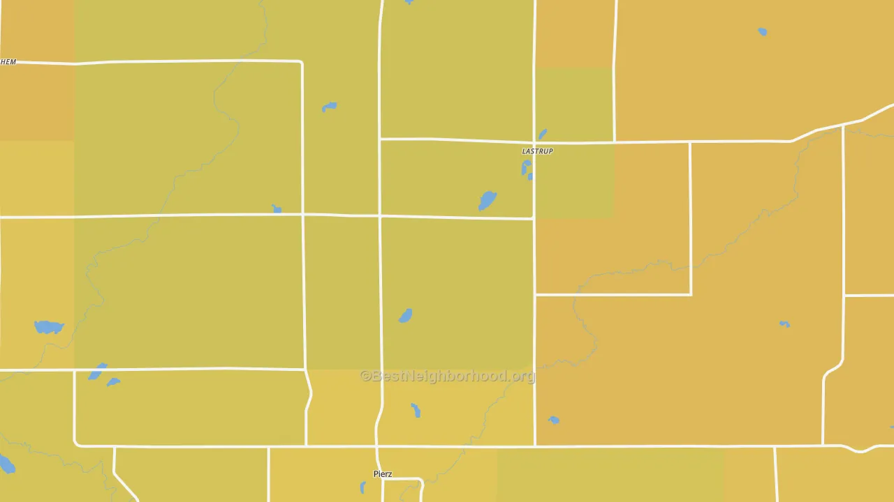 Map of the best neighborhoods in the Pierz area, with better matches in green and worse matches in red