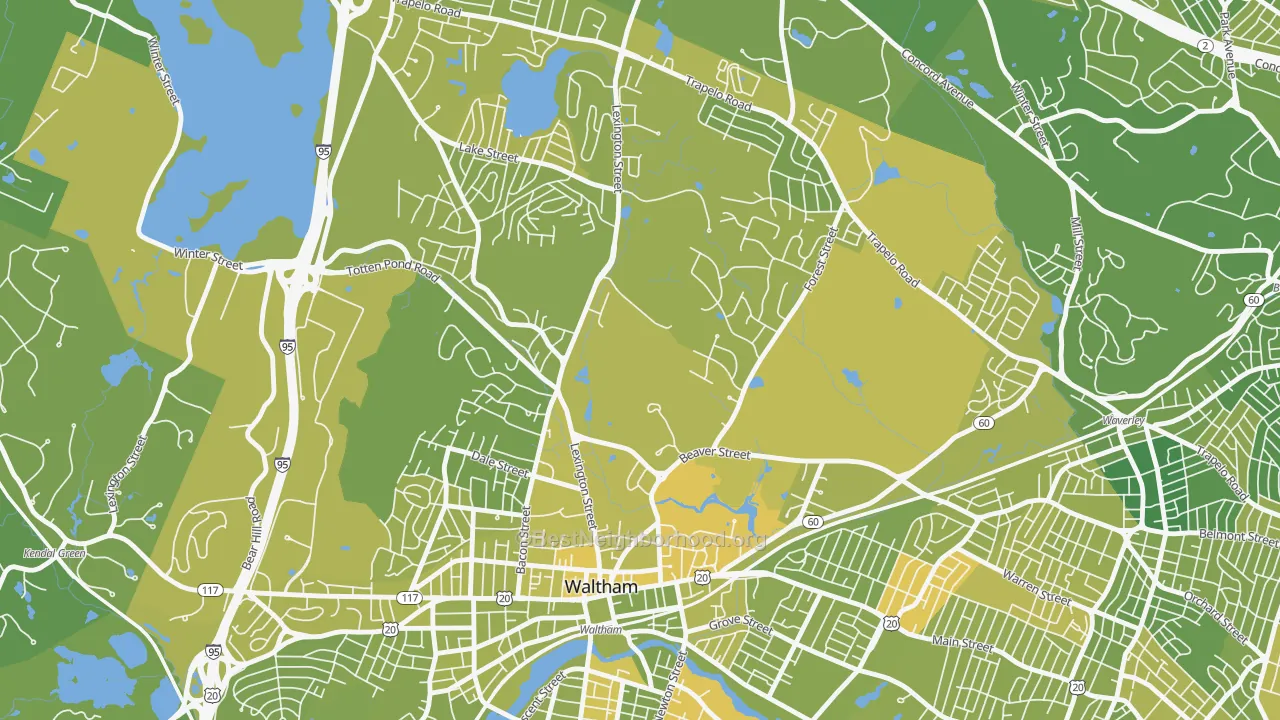Map of the best neighborhoods in the Piety Corner, Waltham area, with better matches in green and worse matches in red