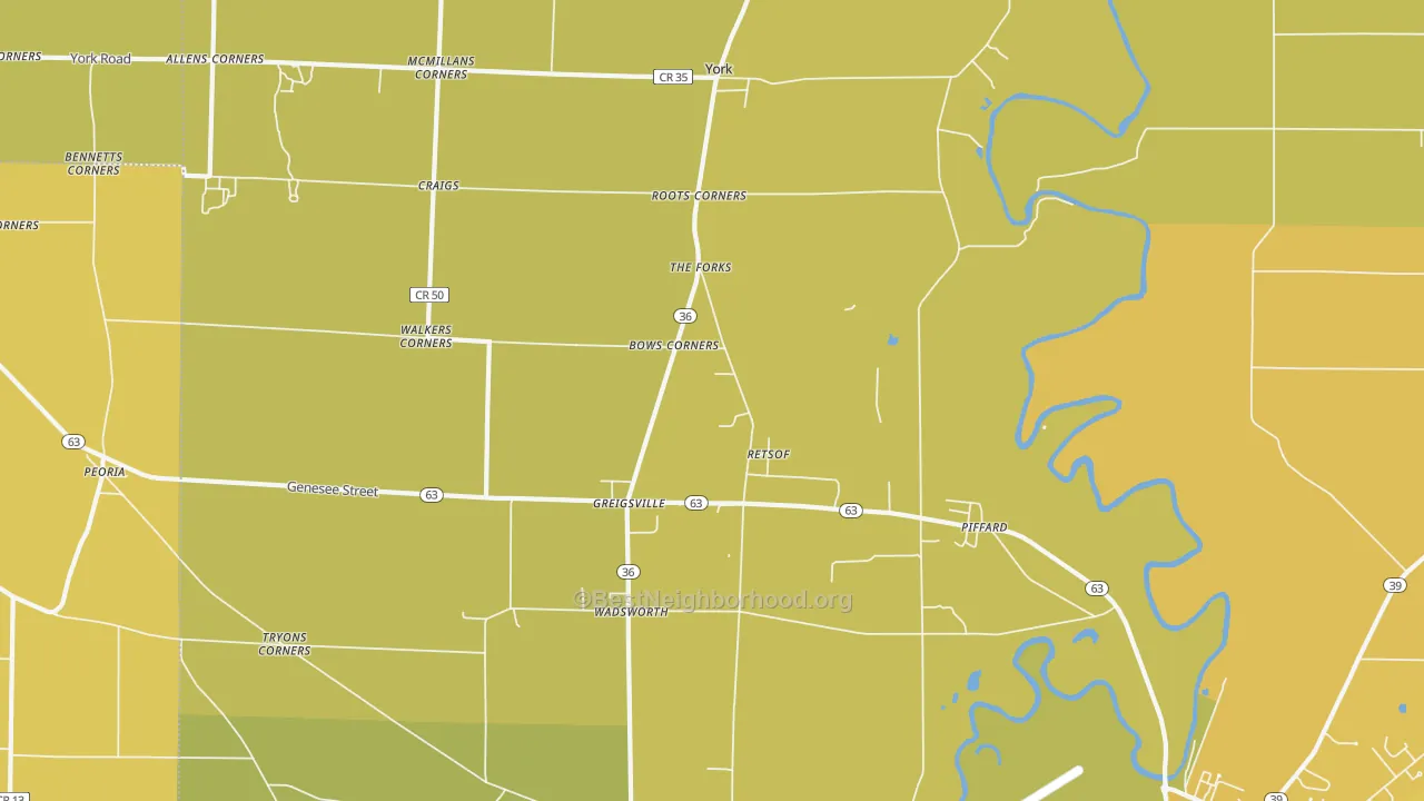 Map of the best neighborhoods in the Piffard area, with better matches in green and worse matches in red