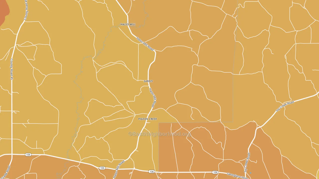 Map of the best neighborhoods in the Pigeon Creek area, with better matches in green and worse matches in red