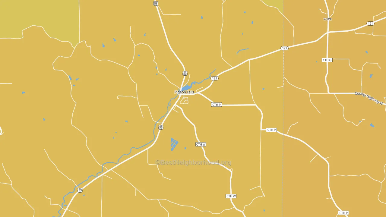 Map of the best neighborhoods in the Pigeon Falls area, with better matches in green and worse matches in red