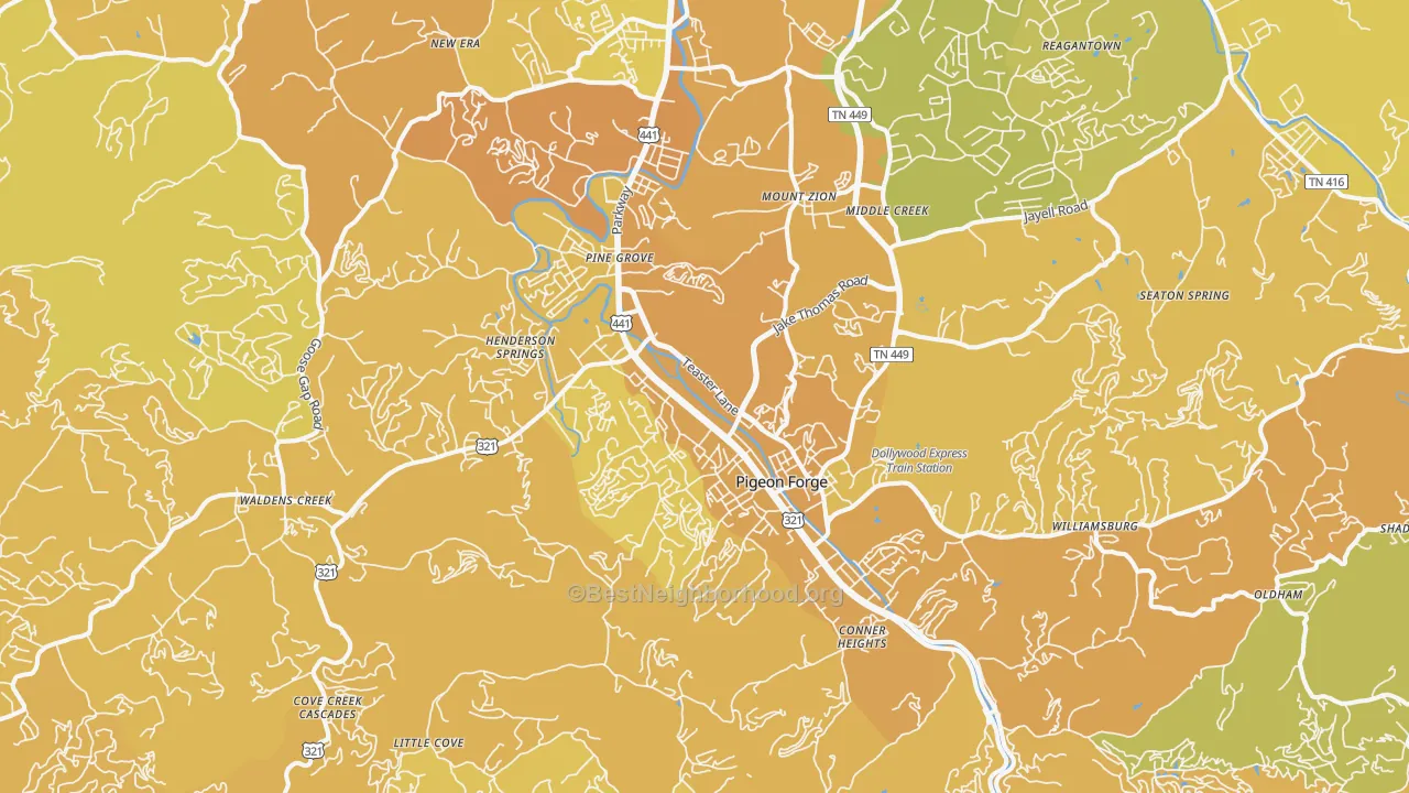 Map of the best neighborhoods in the Pigeon Forge area, with better matches in green and worse matches in red