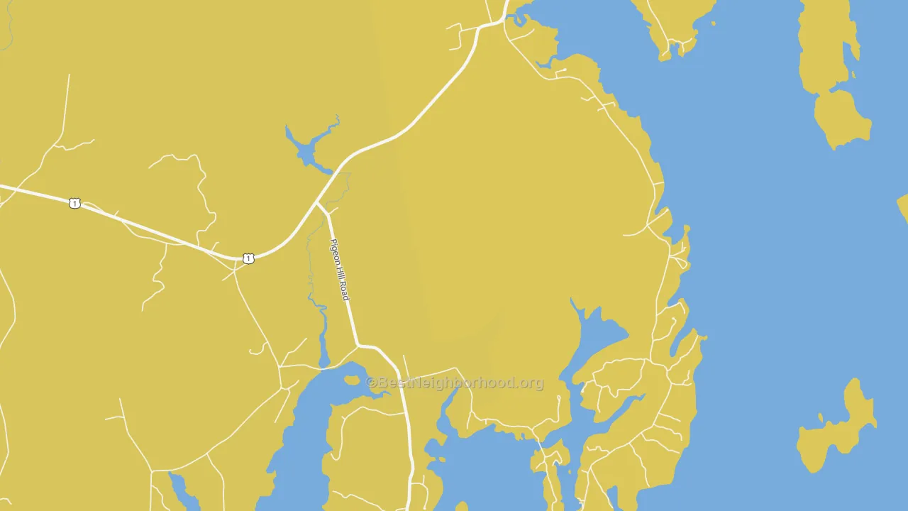 Map of the best neighborhoods in the Pigeon Hill area, with better matches in green and worse matches in red