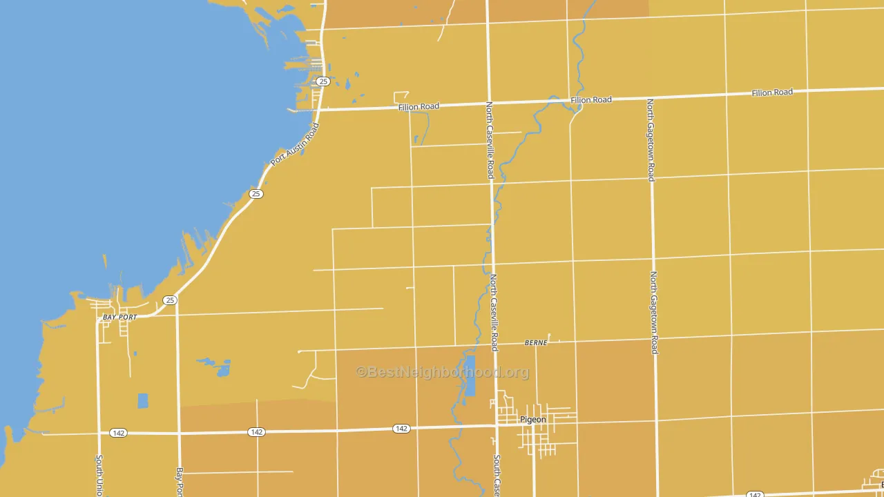 Map of the best neighborhoods in the Pigeon area, with better matches in green and worse matches in red
