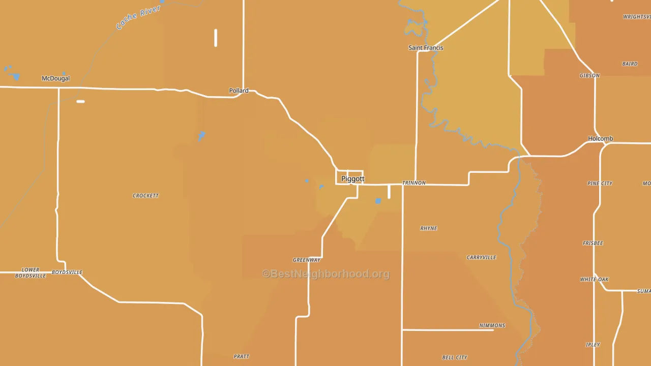 Map of the best neighborhoods in the Piggott area, with better matches in green and worse matches in red
