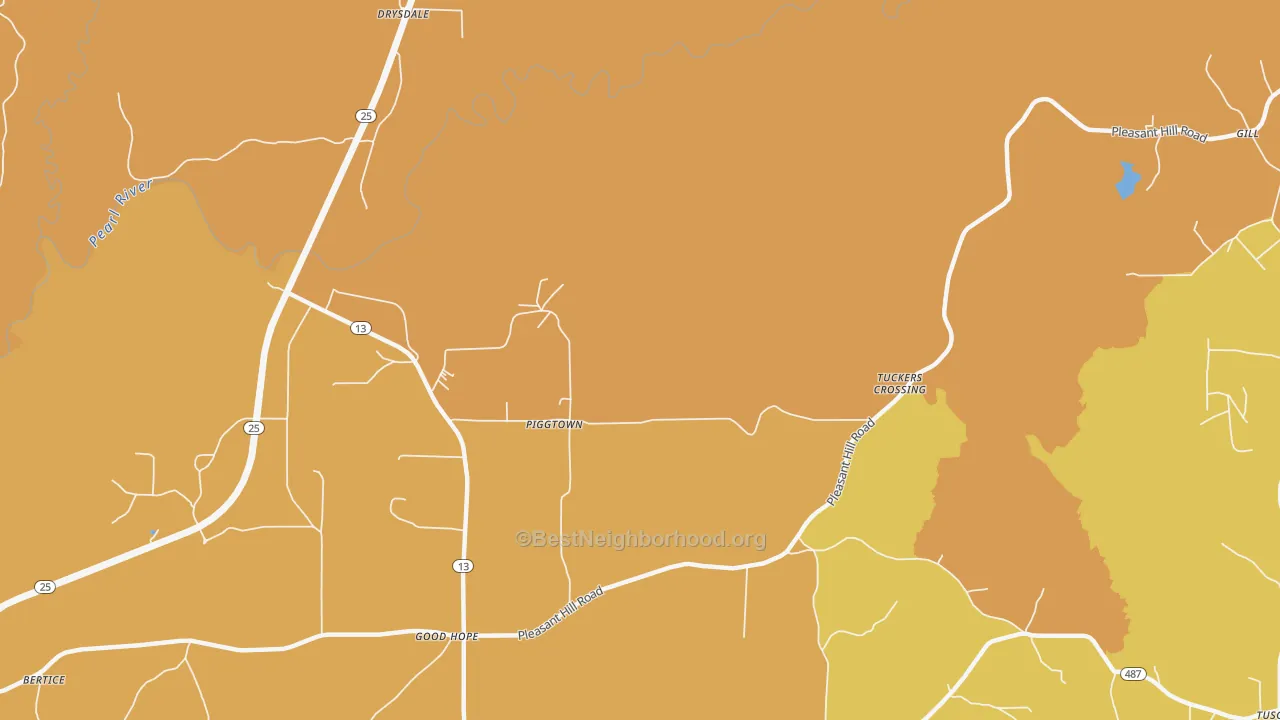 Map of the best neighborhoods in the Piggtown area, with better matches in green and worse matches in red