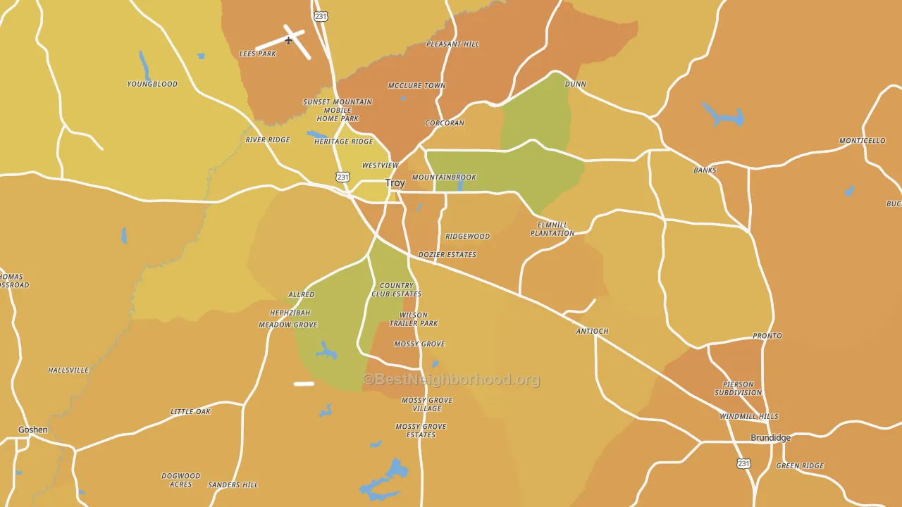 Map of the best neighborhoods in the Pike County area, with better matches in green and worse matches in red