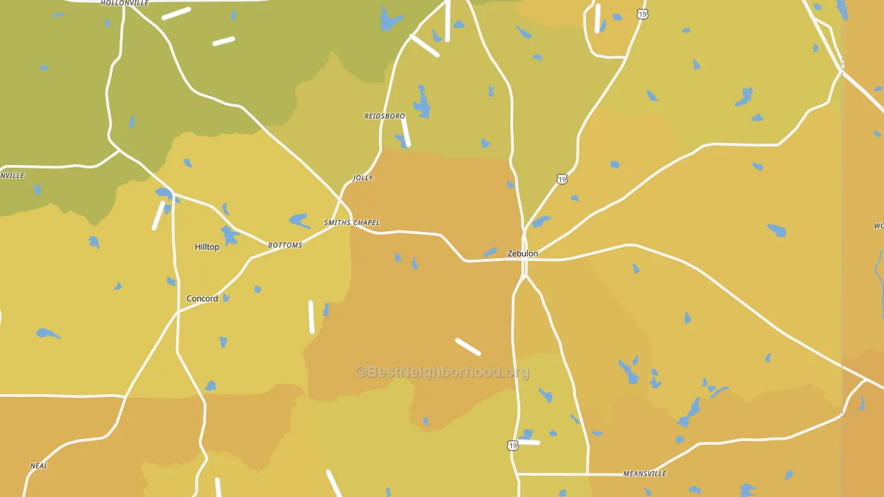 Map of the best neighborhoods in the Pike County area, with better matches in green and worse matches in red