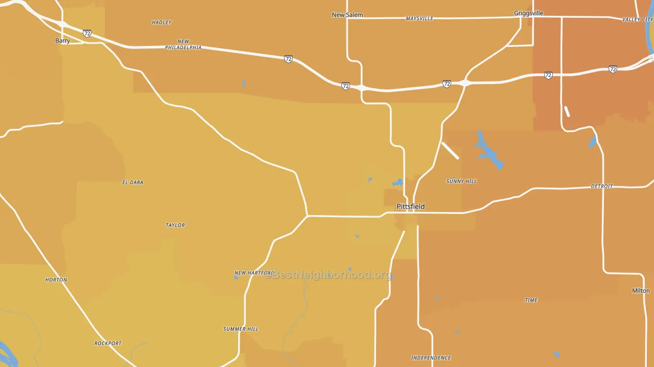 Map of the best neighborhoods in the Pike County area, with better matches in green and worse matches in red
