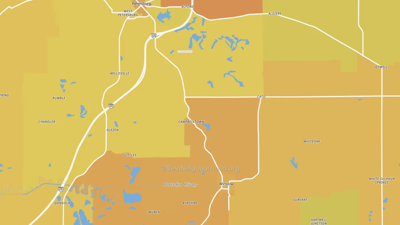 Map of the best neighborhoods in the Pike County area, with better matches in green and worse matches in red