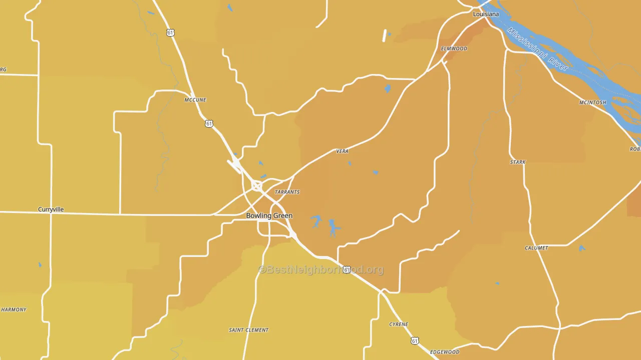 Map of the best neighborhoods in the Pike County area, with better matches in green and worse matches in red