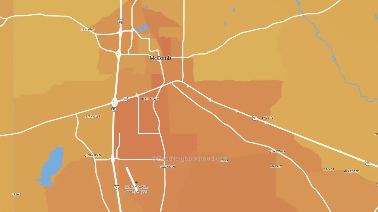 Map of the best neighborhoods in the Pike County area, with better matches in green and worse matches in red