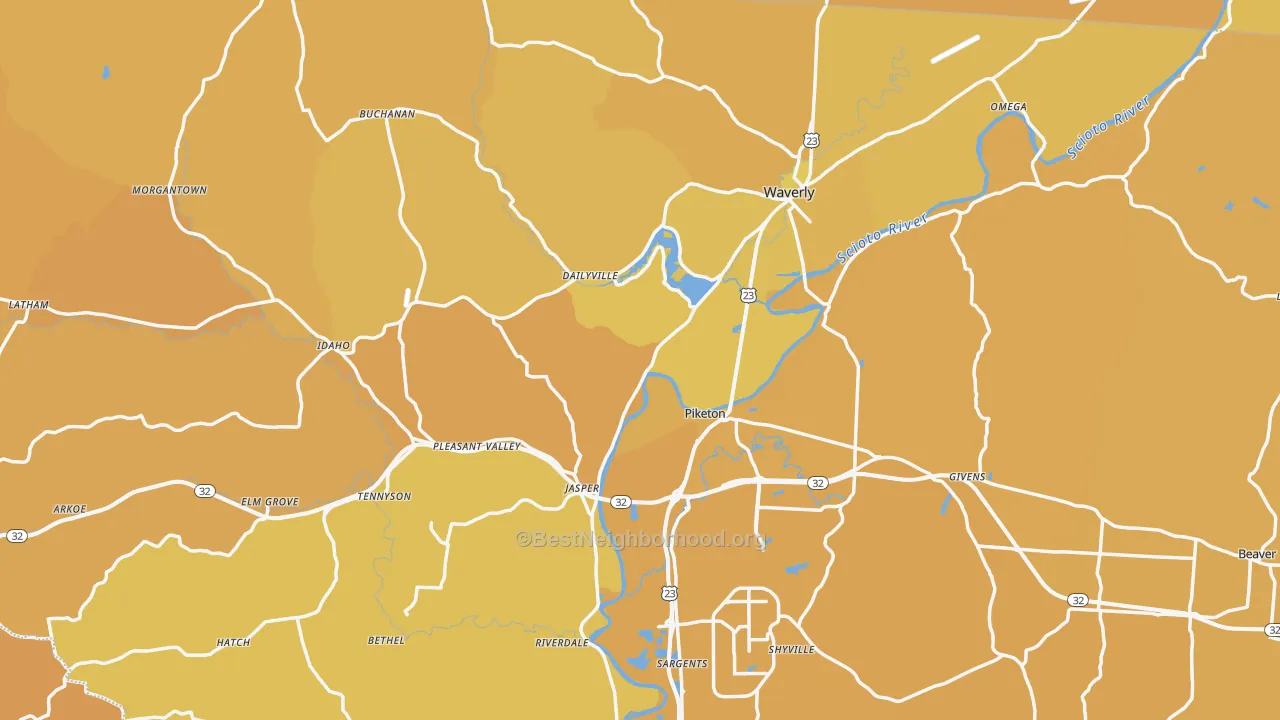 Map of the best neighborhoods in the Pike County area, with better matches in green and worse matches in red