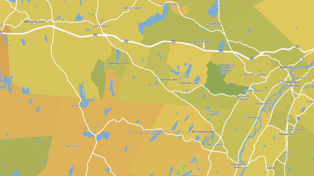 Map of the best neighborhoods in the Pike County area, with better matches in green and worse matches in red