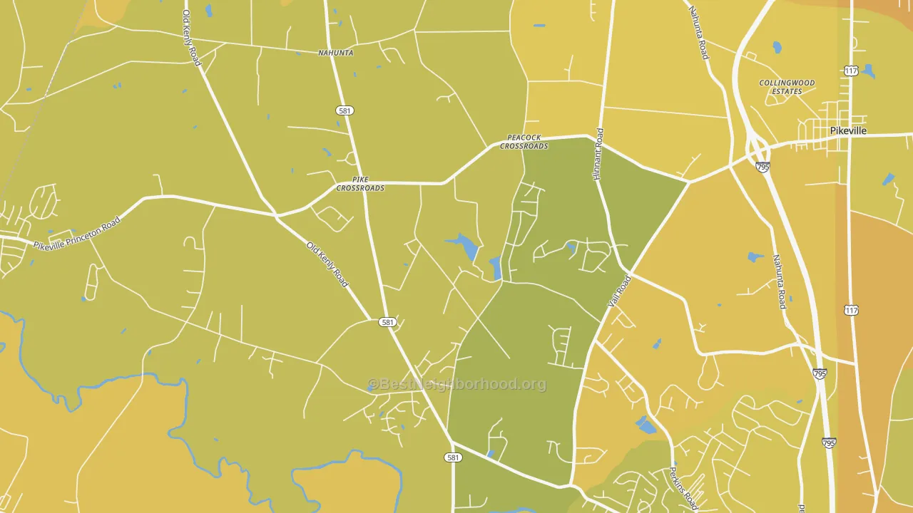 Map of the best neighborhoods in the Pike Crossroads area, with better matches in green and worse matches in red