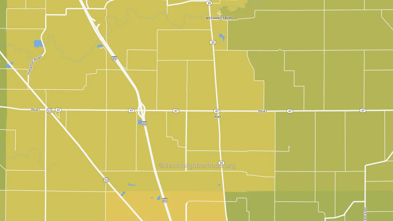 Map of the best neighborhoods in the Pike area, with better matches in green and worse matches in red