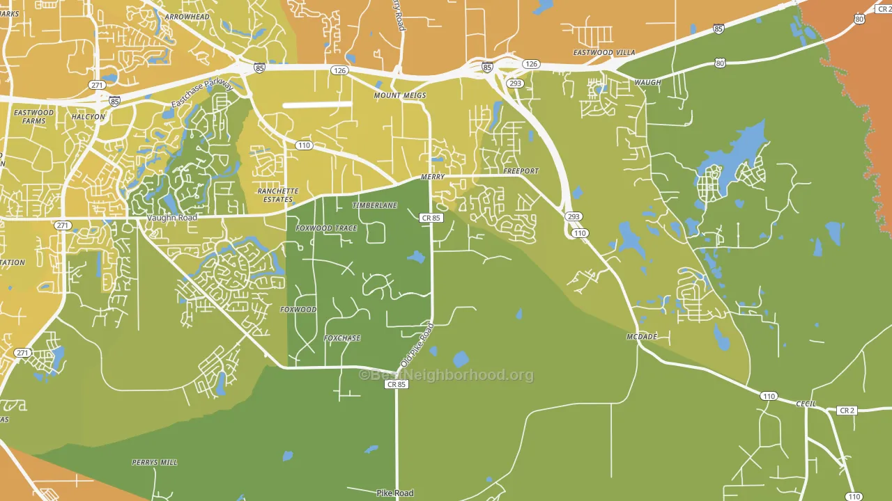 Map of the best neighborhoods in the Pike Road area, with better matches in green and worse matches in red