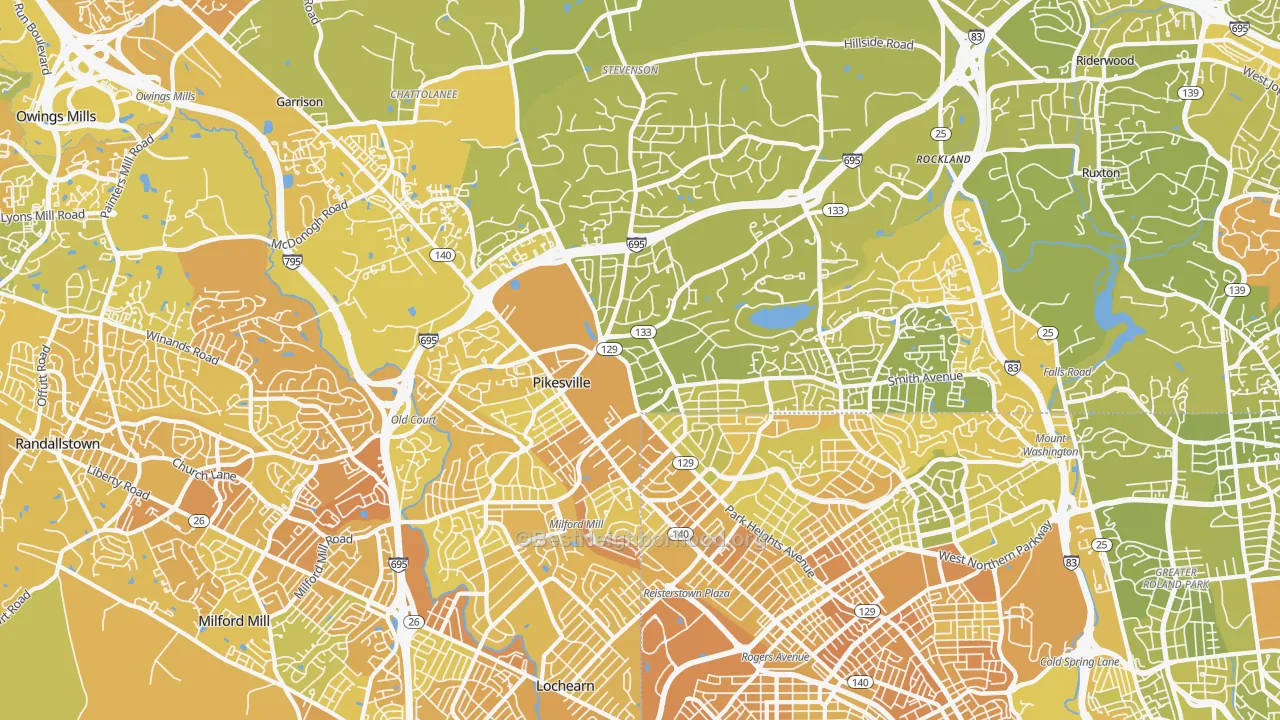Map of the best neighborhoods in the Pikesville area, with better matches in green and worse matches in red