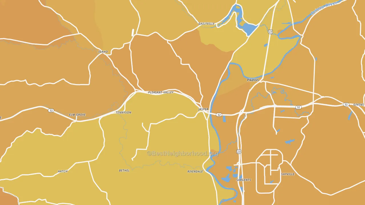 Map of the best neighborhoods in the Piketon area, with better matches in green and worse matches in red