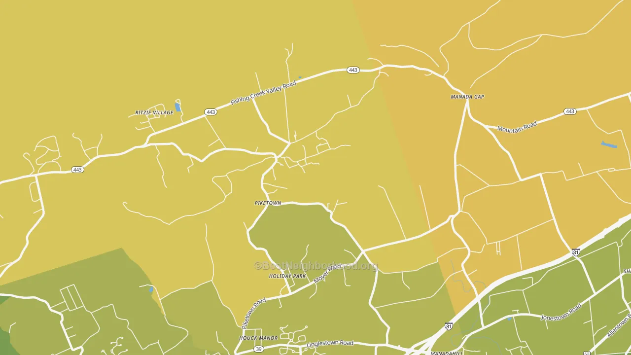 Map of the best neighborhoods in the Piketown area, with better matches in green and worse matches in red