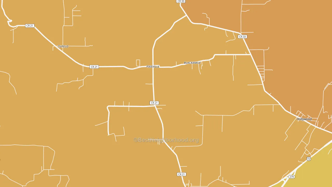 Map of the best neighborhoods in the Pikeville area, with better matches in green and worse matches in red
