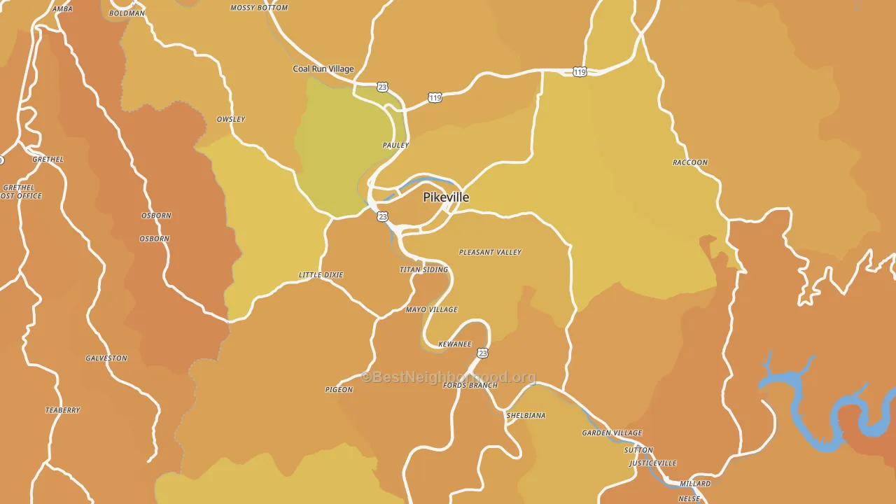 Map of the best neighborhoods in the Pikeville area, with better matches in green and worse matches in red