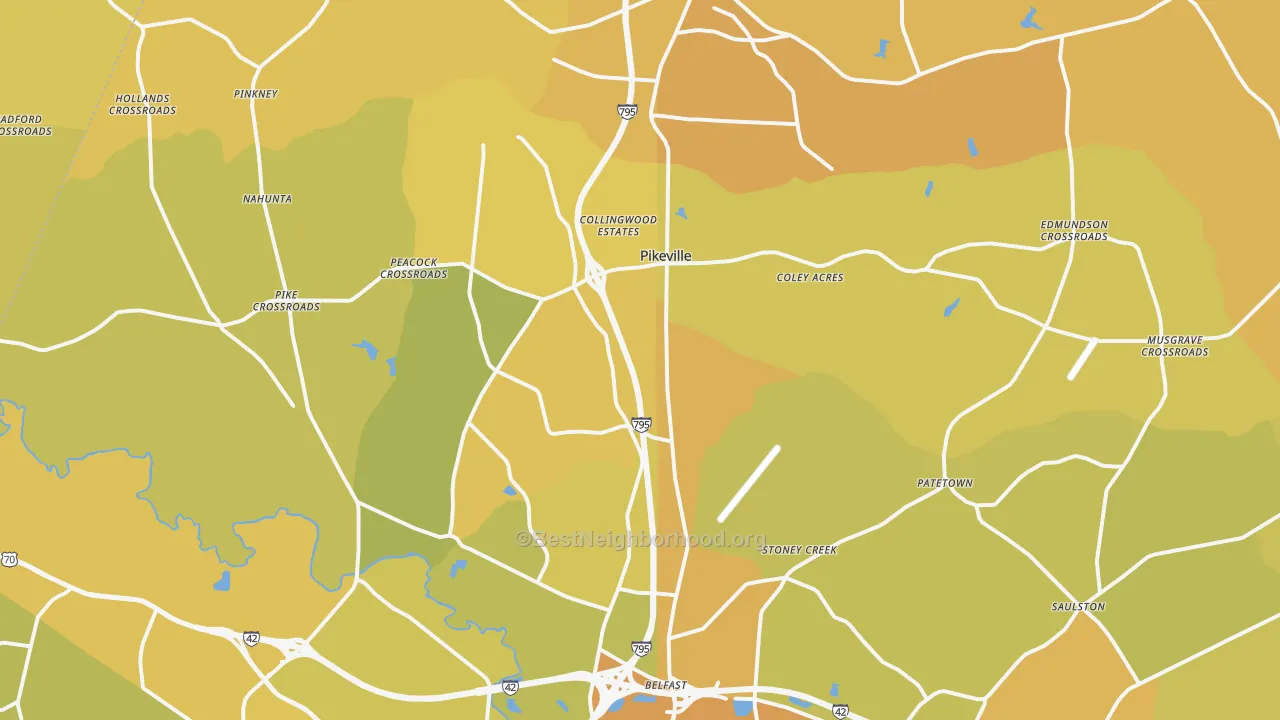 Map of the best neighborhoods in the Pikeville area, with better matches in green and worse matches in red