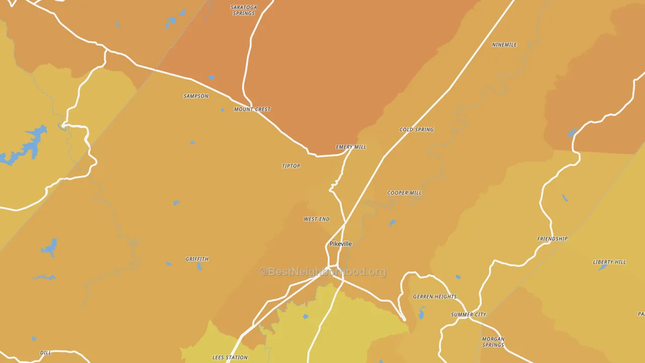 Map of the best neighborhoods in the Pikeville area, with better matches in green and worse matches in red