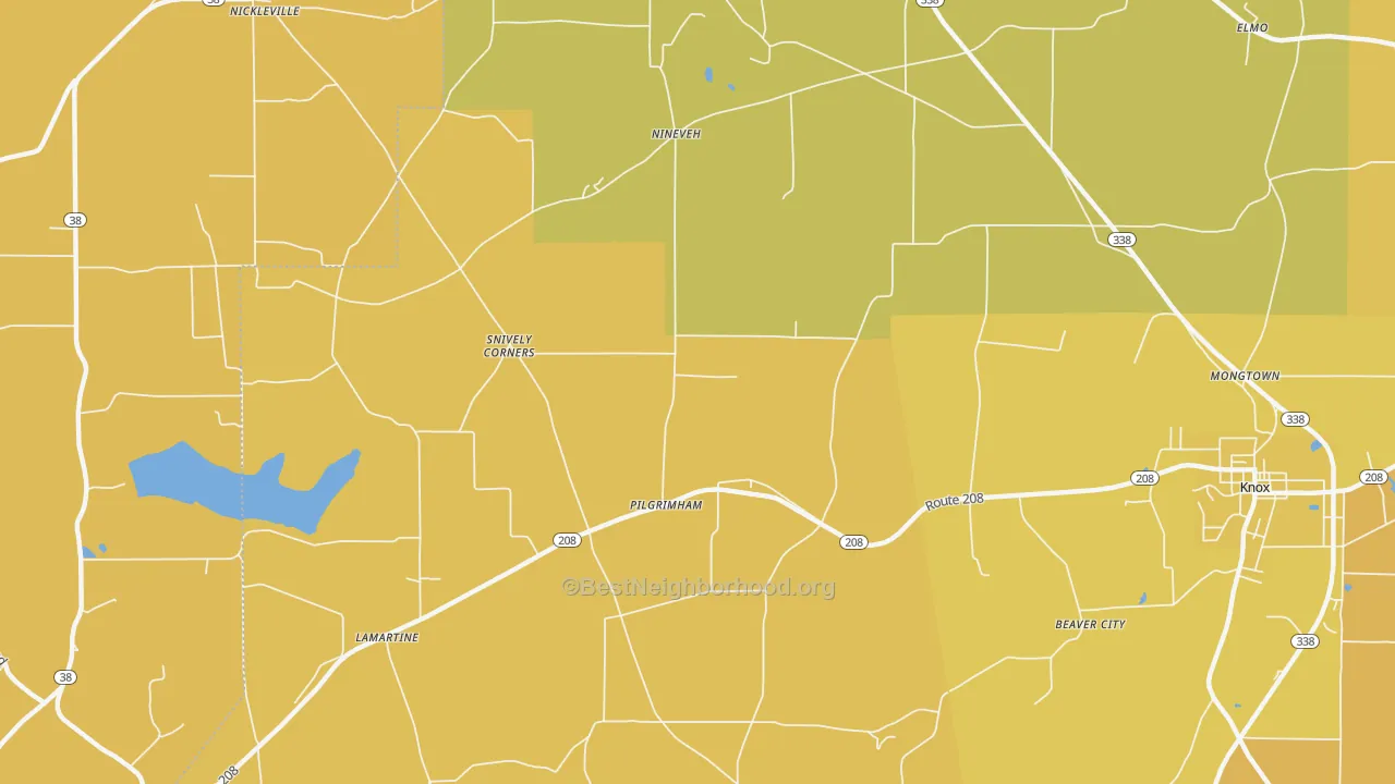Map of the best neighborhoods in the Pilgrimham area, with better matches in green and worse matches in red