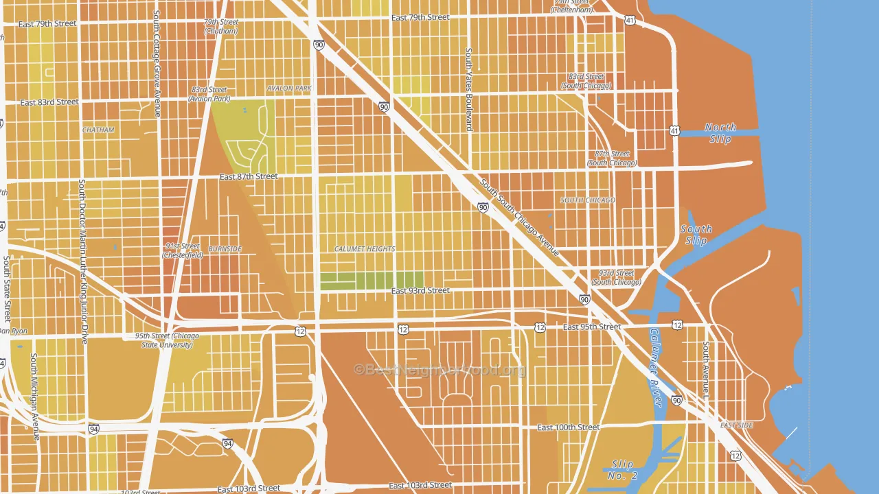 Map of the best neighborhoods in the Pill Hill, Chicago area, with better matches in green and worse matches in red