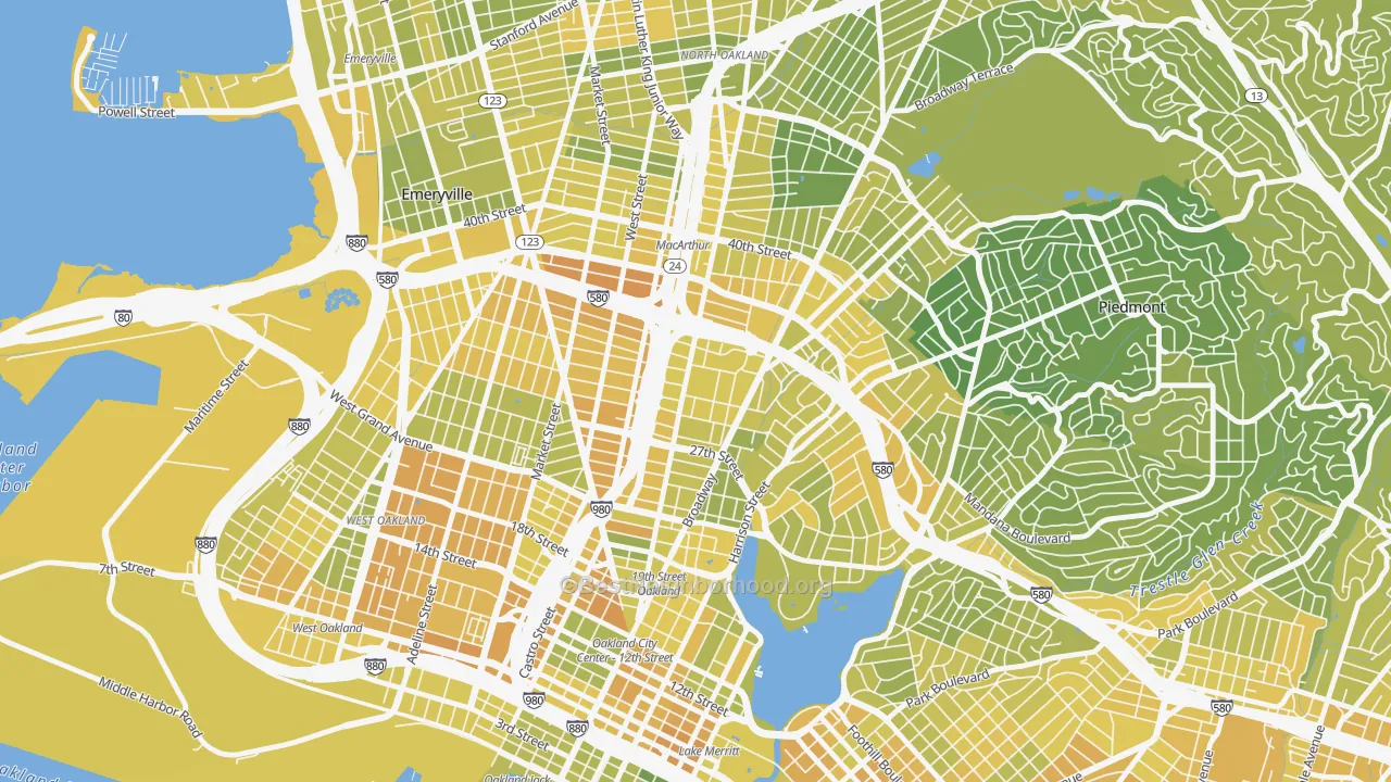 Map of the best neighborhoods in the Pill Hill, Oakland area, with better matches in green and worse matches in red