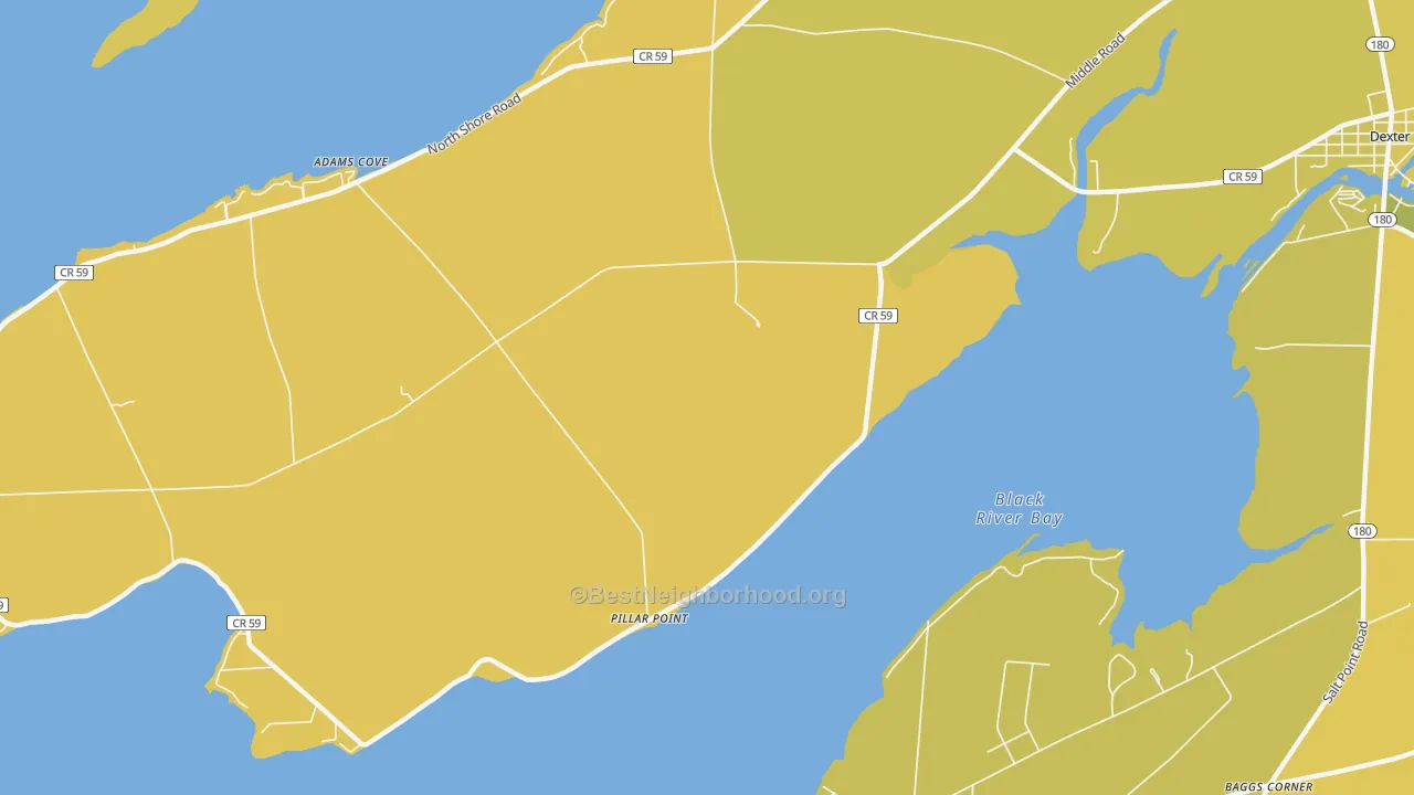 Map of the best neighborhoods in the Pillar Point area, with better matches in green and worse matches in red