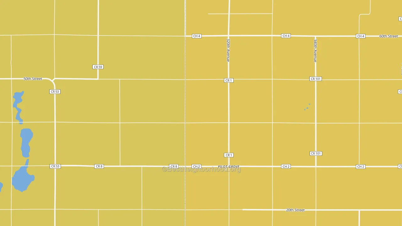 Map of the best neighborhoods in the Pilot Grove area, with better matches in green and worse matches in red